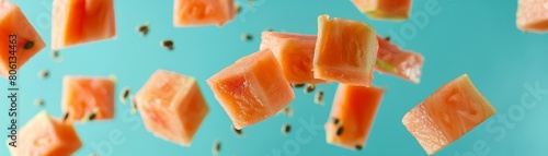 Chopped papaya pieces tumbling down against a pale turquoise backdrop, in slow motion photo