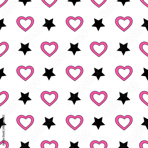 Y2k seamless pattern with abstract pink hearts and black stars. Emo 2000s style. Vector flat background.