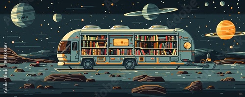 Flat design of a bookmobile serving remote interplanetary outposts, fostering a love of reading across solar systems photo