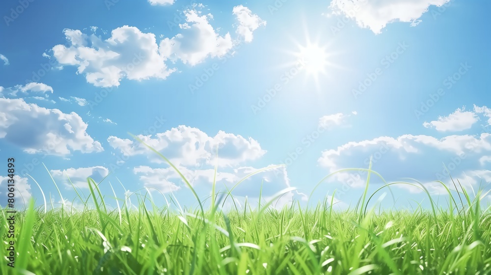 Fototapeta premium Peaceful Green Grass Field Under Blue Sky