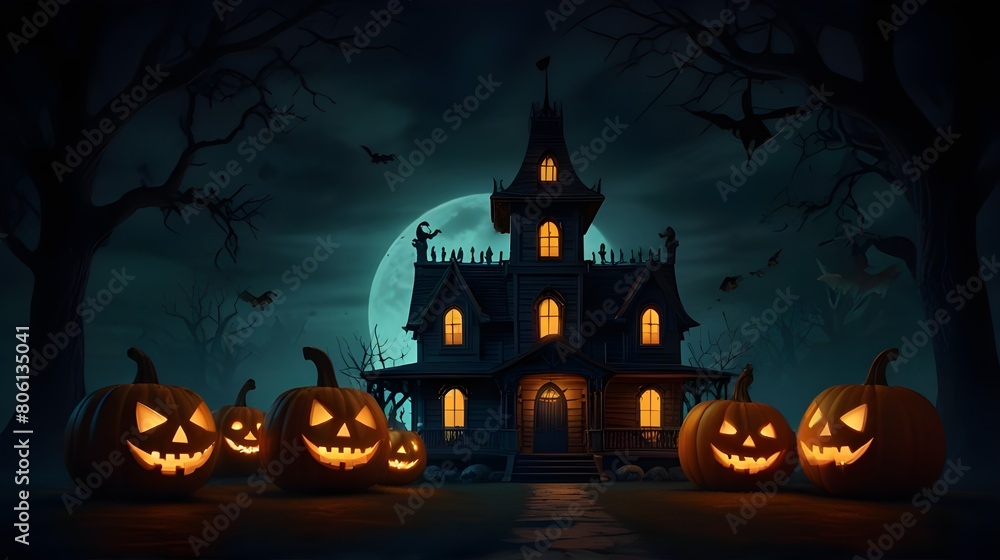 Haunted House, Pumpkins, and Evil Pumpkin in Spooky Forest - 3D Render for Invitations, Banners, Advertisements, and Educational Materials