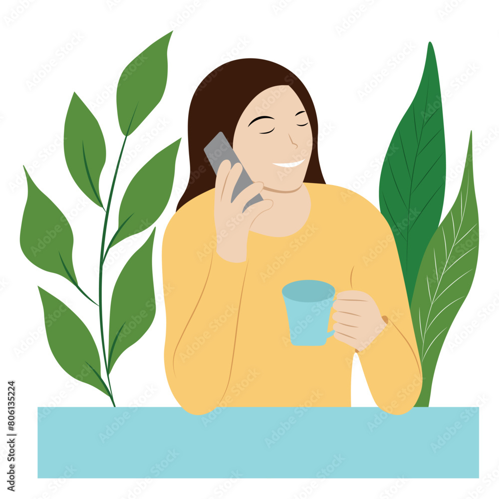 Portrait of a girl with a cup in one hand and a phone in the other, isolate on white, simple illustration, flat style, minimalism Portrait of a girl with a cup in one hand and a phone in the other, isolate on white, simple illustration, flat style, minimalism