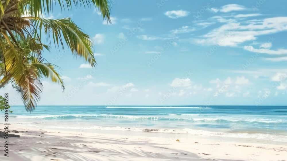 Stunning Beach Scene: White Sand, Palm Trees, and Blue Sky Stunning Beach Scene: White Sand, Palm Trees, and Blue Sky