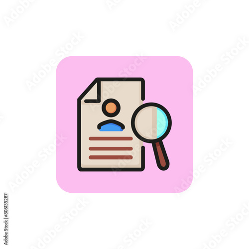 Icon of document and magnifying glass. Medical history, search, record.  Identification concept. Can be used for topics like document, medicine, recruitment