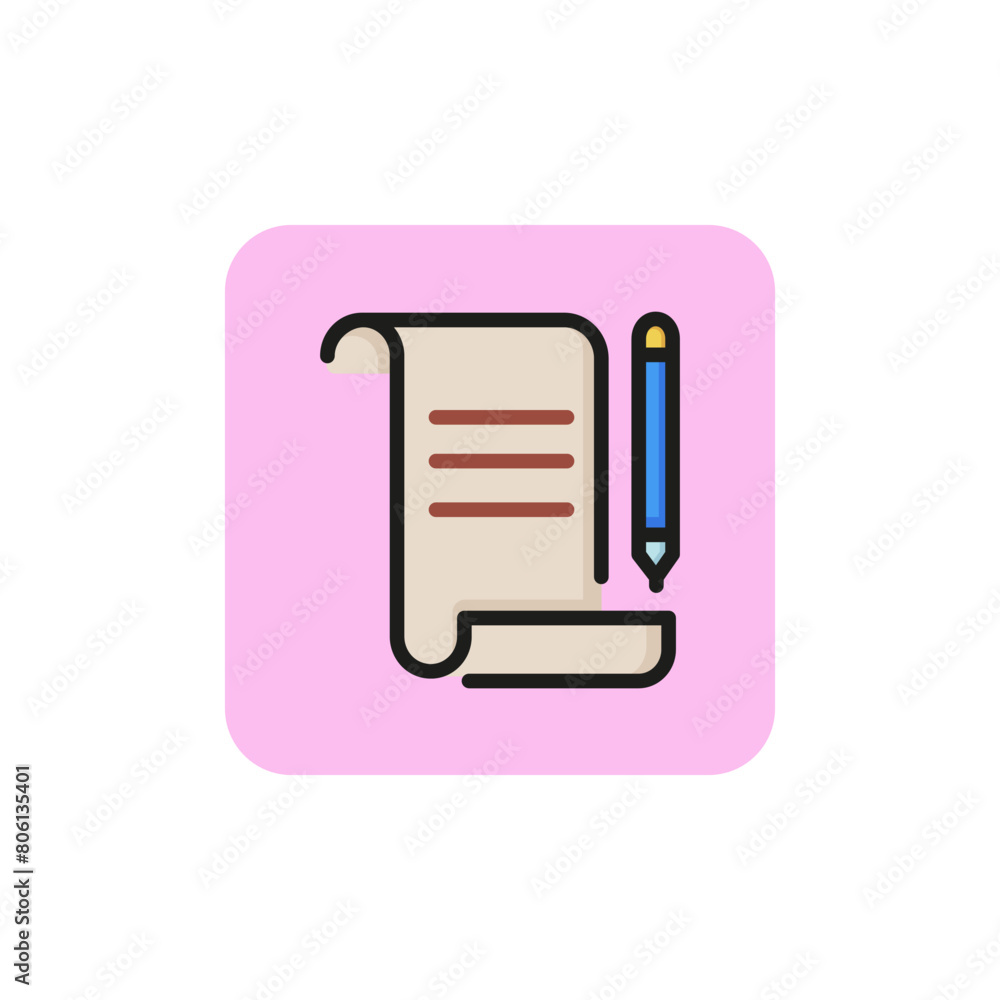 Icon of document and pen. Certificate, deal, award. Agreement concept. Can be used for topics like paperwork, business, testament Icon of document and pen. Certificate, deal, award. Agreement concept. Can be used for topics like paperwork, business, testament