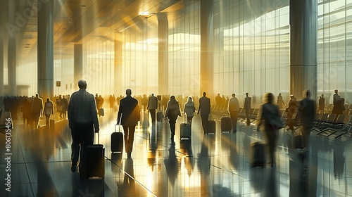 Business travelers hurrying through a bustling airport terminal, luggage in tow, while holding their boarding passes.