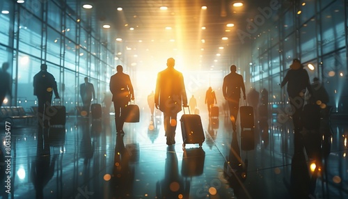 Business travelers hurrying through a bustling airport terminal  luggage in tow  while holding their boarding passes.
