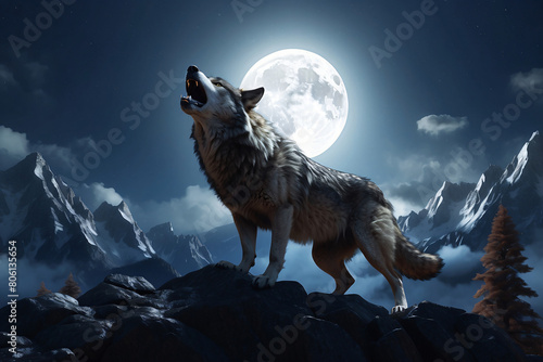 A wolf leader called his friends at night on a full moon in the hills photo