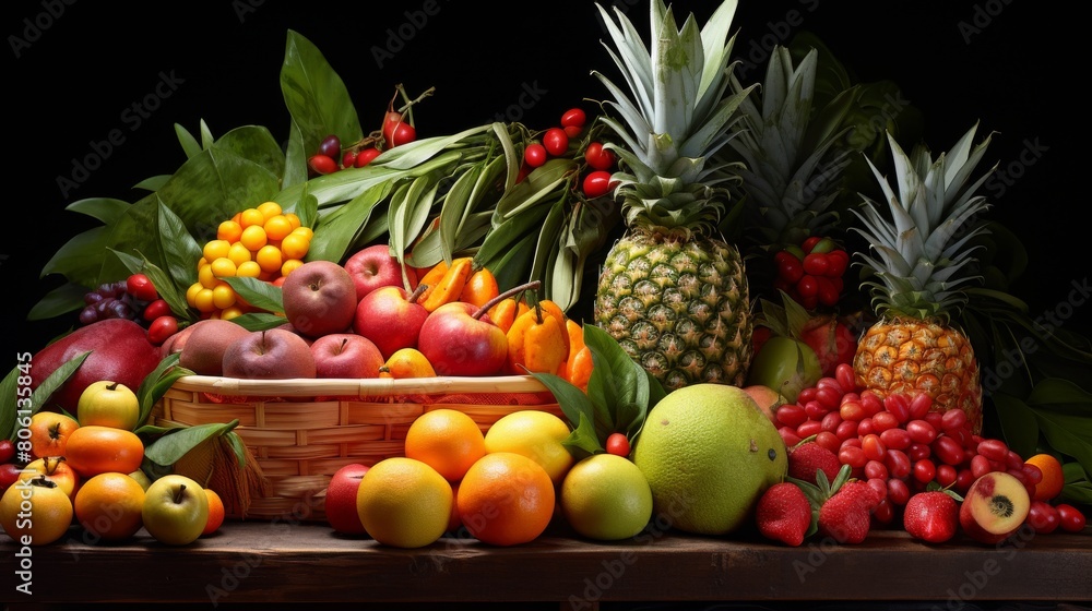 A dazzling array of various fruits arranged on a table, creating a visual feast for the eyes