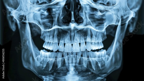 Xray of a human skull highlighting dental structures and jaw alignment. photo