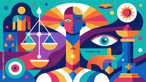 An abstract painting depicting the intertwining concepts of wisdom justice courage and moderation in vibrant colors and shapes.. Vector illustration