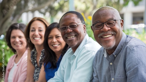 A joyful group of diverse middle-aged adults smiling together in a park, enjoying a sunny day