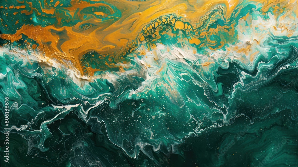 Fototapeta premium Abstract fluid art with dark green ocean waves and golden foamy crests, created using acrylic