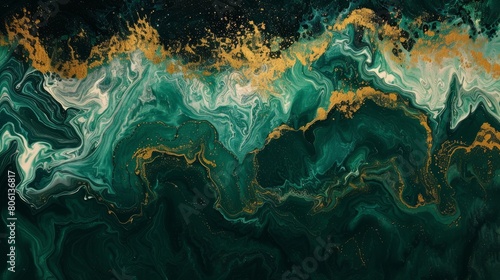 Abstract fluid art with dark green ocean waves and golden foamy crests  created using acrylic