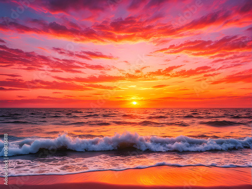 Tropical Paradise Awaits  Sunsets Painted in Pink  Orange  and Red Over the Sea. Summer Magic  The Sea Blazes with Color in a Vibrant Orange Sunset. generative AI