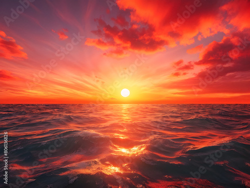 Tropical Paradise Awaits: Sunsets Painted in Pink, Orange, and Red Over the Sea. Summer Magic: The Sea Blazes with Color in a Vibrant Orange Sunset. generative AI © EVISUAL