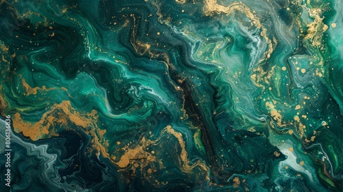 Abstract fluid art with dark green ocean waves and golden foamy crests  created using acrylic
