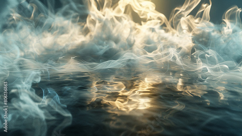 A luminous array of smoke in pearlescent tones, casting gentle reflections across a smooth, dark surface.