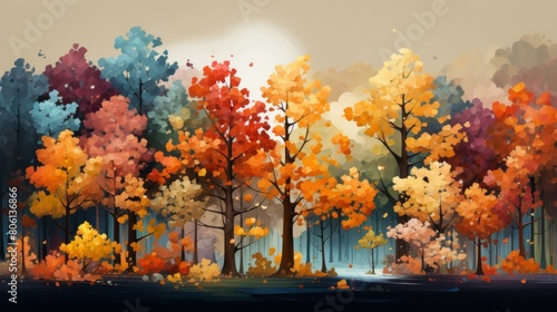 A vibrant painting of a lush forest brimming with a myriad of towering trees photo
