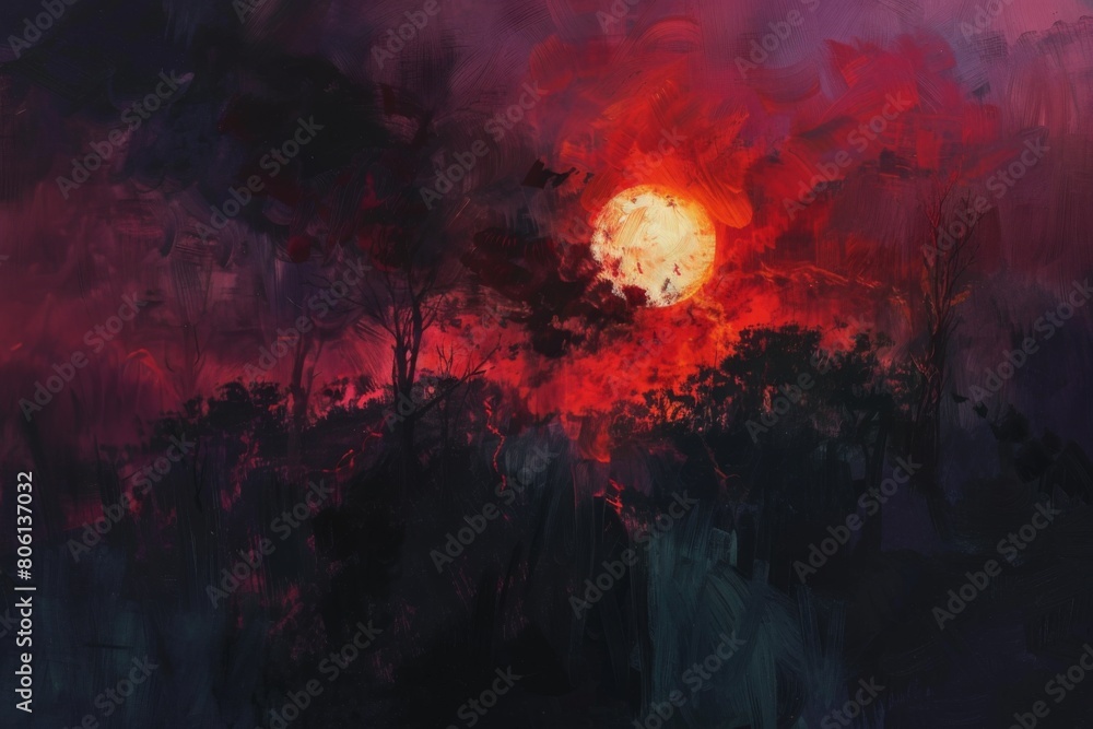 Fototapeta premium A painting of a red sun in the sky with trees in the background