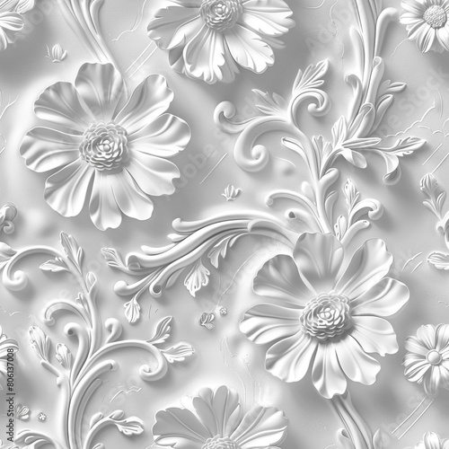 3d Embossed Wallpapers Flowers in White  Seamless Pattern