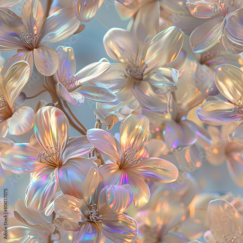 3d Iridescent Crystal Pastel Rainbow Flowers Photograph, Seamless Pattern