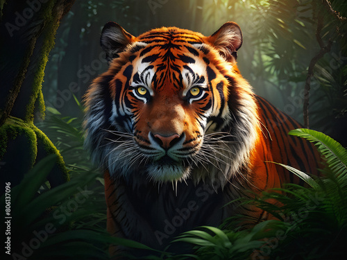Jungle Majesty  A Powerful Orange Tiger Stalks Through Lush Greenery. A Mesmerizing Orange Tiger in its Natural Habitat. generative AI