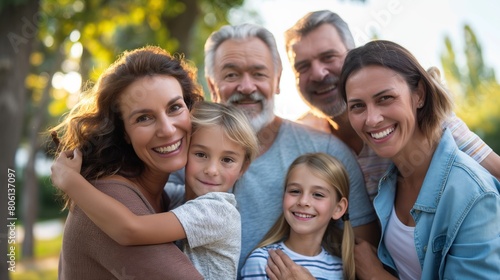 Happy family with children and grandparents enjoying a sunny day in a park, showing love and togetherness