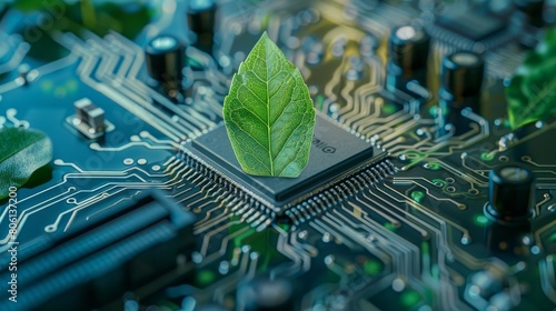 Emphasize sustainability with this innovative image of a green leaf set within a computer circuit board