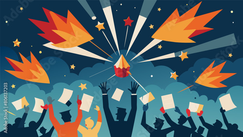 As the fireworks burst into brilliant bursts of light they also released propaganda in the form of small paper flyers causing a frenzy a the.