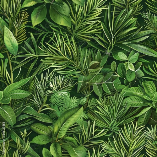 Botanical illustration pattern with a lush green background texture repeat 