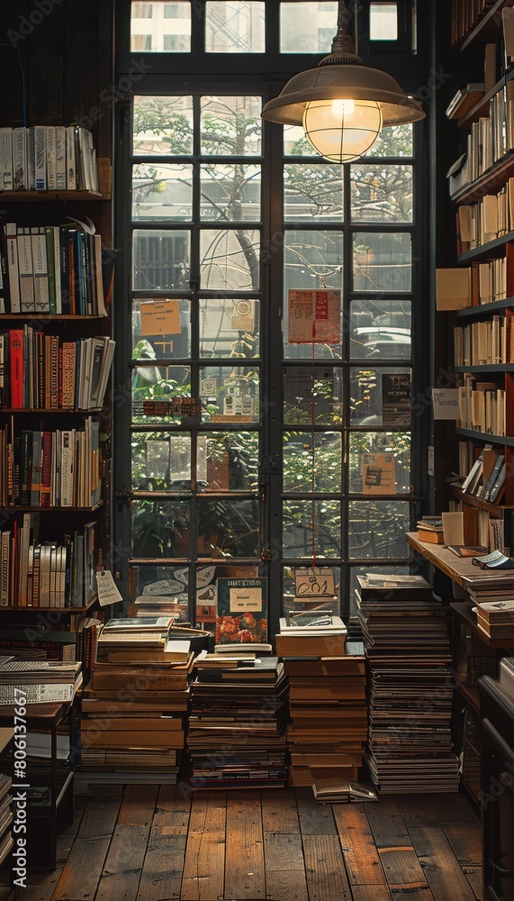 Fototapeta premium A libraly with bookshelves and a large window