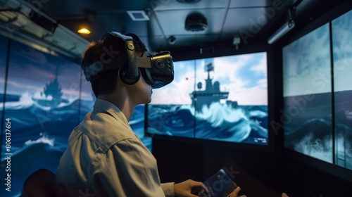 man taking controls from the office on the submarine with new technology and camera 