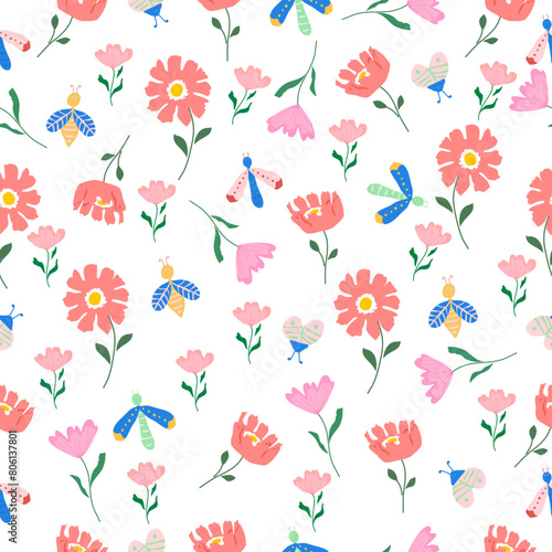 Flower seamless pattern.sweet floral pattern.Flower background design for fabric, clothing, cover book, kids.Floral and bug , butterfly  pattern design.sweet Floral  pattern.blooming