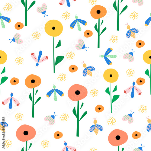 seamless background with flowers and bug