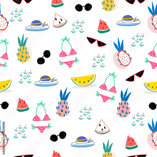 Summer pattern.Summer concept design. watermelon, dragon fruit, flower , sunglasses , hat ,bikini on white background, cute pattern design