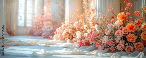 Decorations with predominantly white floral backgrounds are suitable for wedding designs