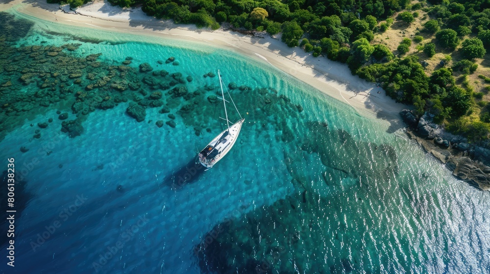 A boat navigating the azure waters near a coastal beach, surrounded by natural landscapes and oceanic landforms. Trees and vehicles visible on the shoreline AIG50