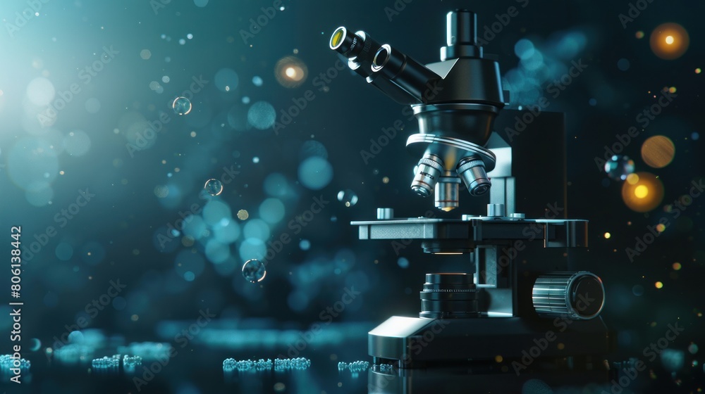 A detailed scene of a microscope in a pharmaceutical lab, used as a critical magnifying tool in microbiology and chemistry A detailed scene of a microscope in a pharmaceutical lab, used as a critical magnifying tool in microbiology and chemistry