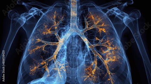 CT scan of a human chest showing lungs and bronchial tree. photo