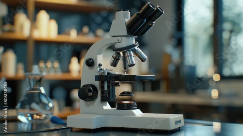 A detailed scene of a microscope in a pharmaceutical lab, used as a critical magnifying tool in microbiology and chemistry