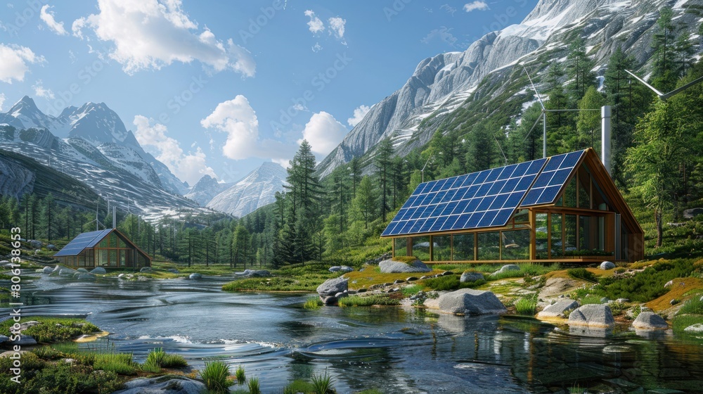 Naklejka premium the harmony of nature and technology with a sustainable off-grid lifestation featuring solar panels and wind turbines in a remote setting