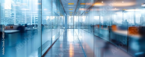 Abstract view of a busy office floor seen through a frosted glass