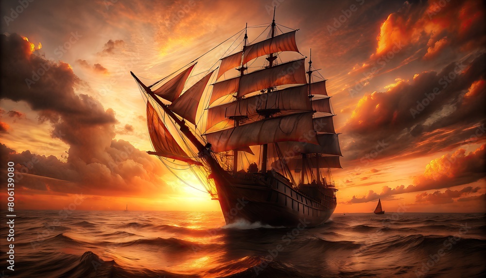 majestic sailing ship navigating turbulent seas under dramatic sunset sky