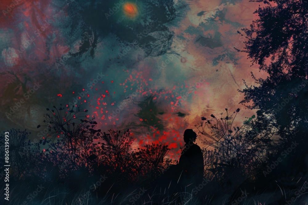 Fototapeta premium A person is standing in a forest with a red sky in the background