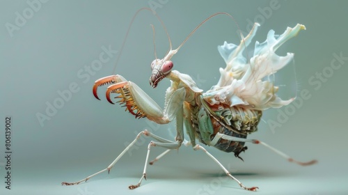 A mantis nymph shedding its old exoskeleton as it grows, revealing the soft, vulnerable new skin beneath in a fascinating process of molting. photo