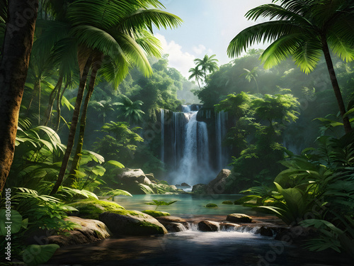Hidden Beauty: A Cascading Waterfall in a Vibrant Tropical Forest. generative AI
