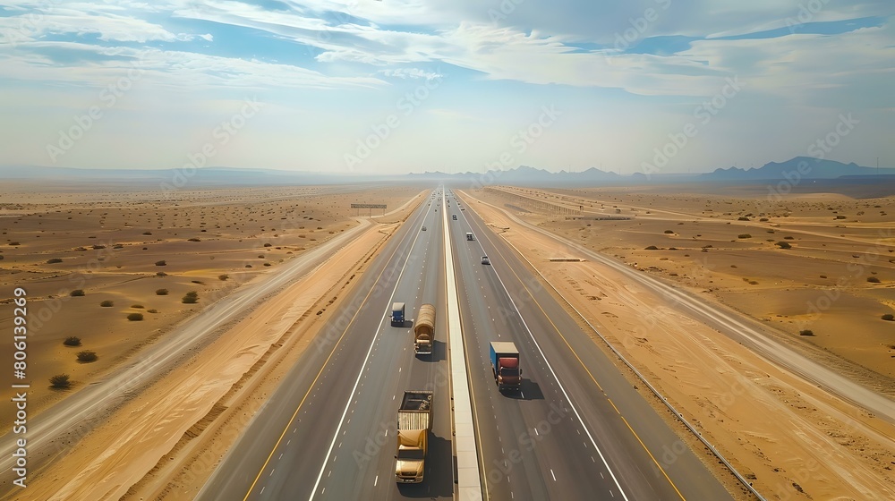 Fototapeta premium Asphalt road full of vehicles in between the desert