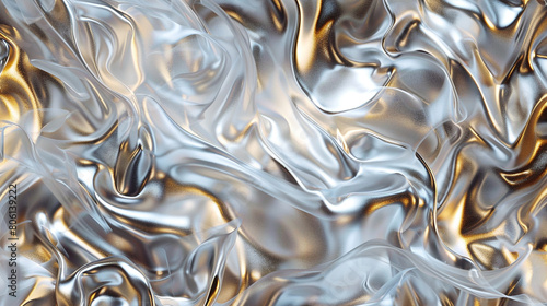 An abstract pattern of smoke in metallic silver and gold, twisting and turning like molten metal poured into air.