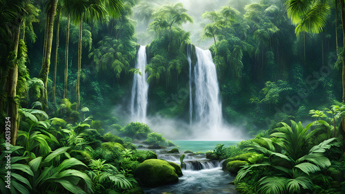 Nature s Symphony  A Soothing Waterfall in a Lush Rainforest Paradise. generative AI